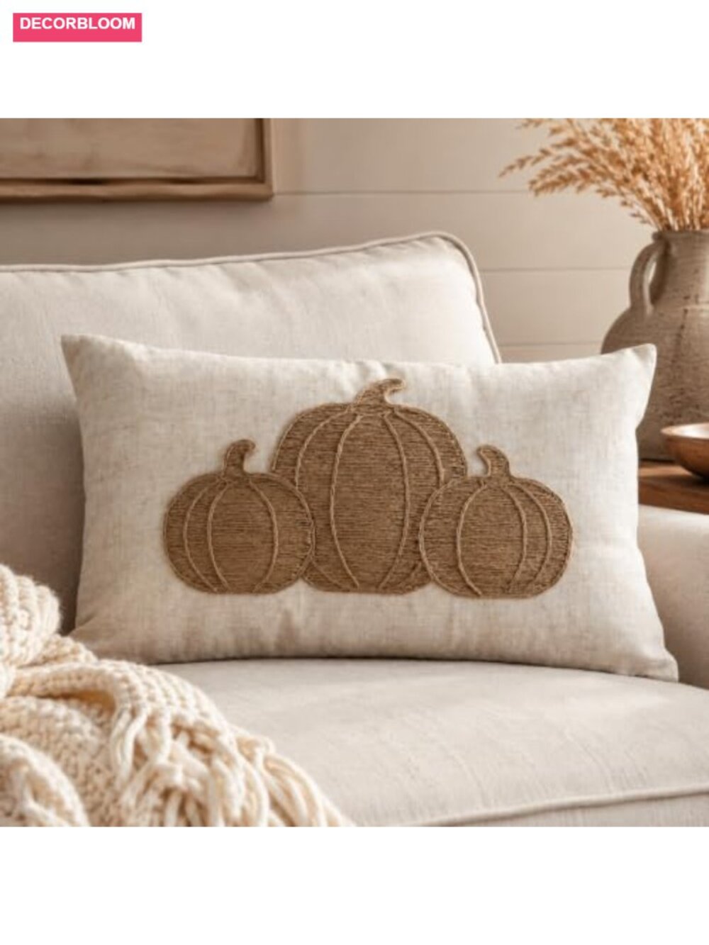 Fall Jute Pumpkin Embroidered Lumbar Pillow Cover 12x20 Rustic Cotton Linen